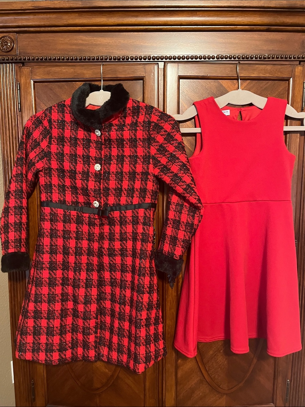 Blueberi Boulevard Girl’s Red Plaid Coat with Solid Red Dress